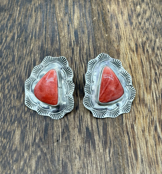 Navajo Handmade Sterling Silver Red Spiny Oyster Shell Stamped Post Earrings
