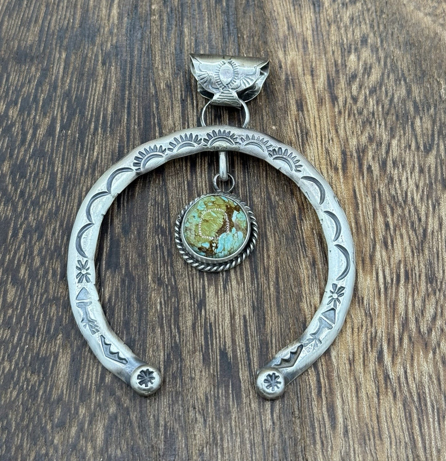 Navajo Handmade Sterling Silver Stamped Blue Glacier Turquoise Naja Pendant