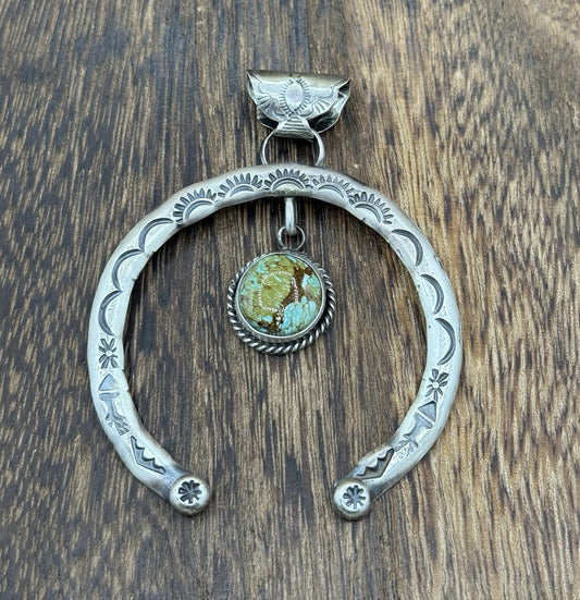 Navajo Handmade Sterling Silver Stamped Blue Glacier Turquoise Naja Pendant