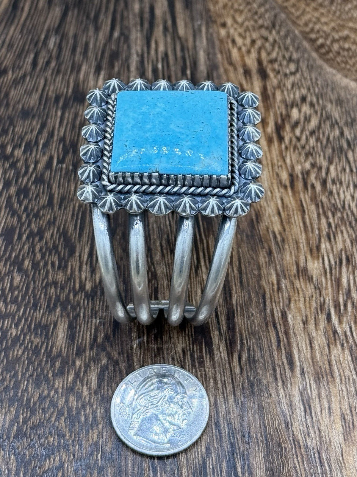 Native Navajo Handmade Sterling Silver Kingman Turquoise Old Look Cuff Bracelet