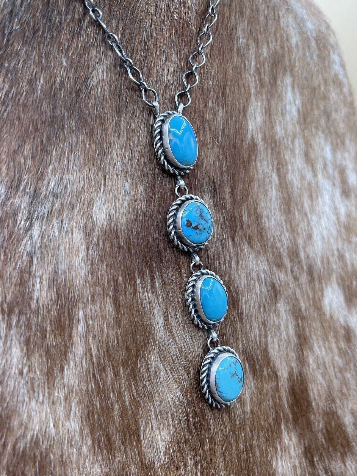 Native American Navajo Handmade Silver Egyptian Turquoise Drop Bar Necklace 18”