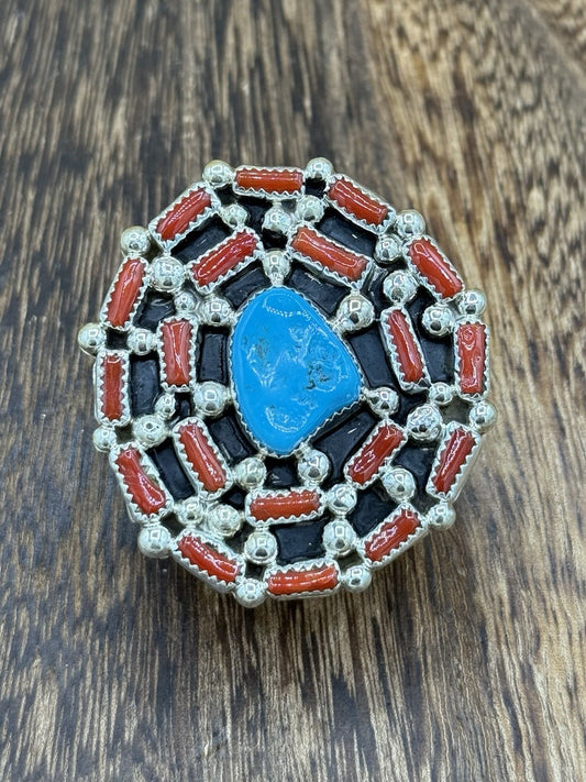 Navajo Handmade Sterling Silver Sleeping Beauty Turquoise & Coral Adjustable 6-9