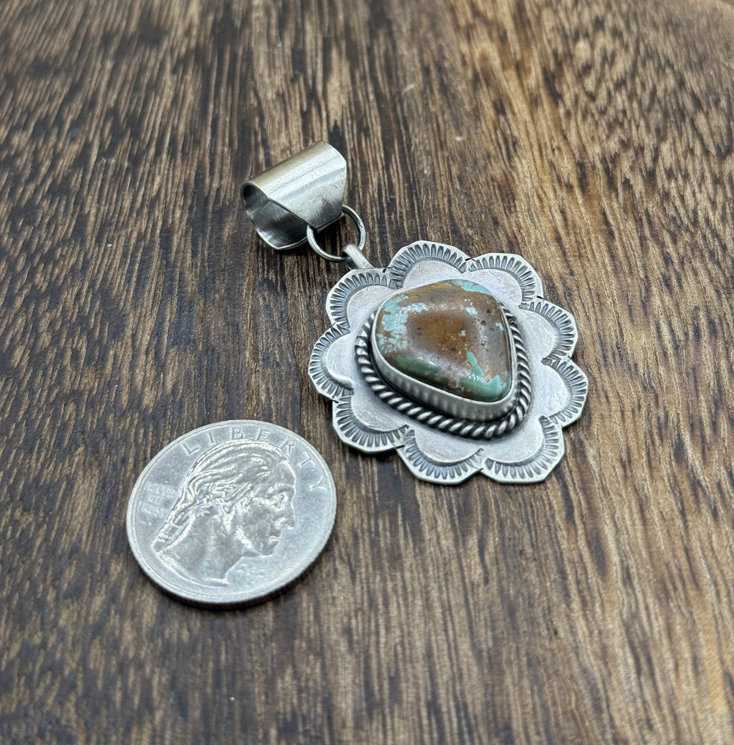 Navajo Handmade Sterling Silver Royston Turquoise Stamped Design Drop Pendant