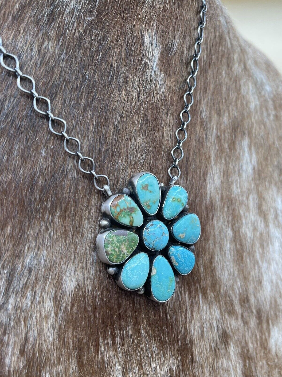 Native American Navajo Handmade Silver Sonoran Turquoise Cluster Bar Necklace