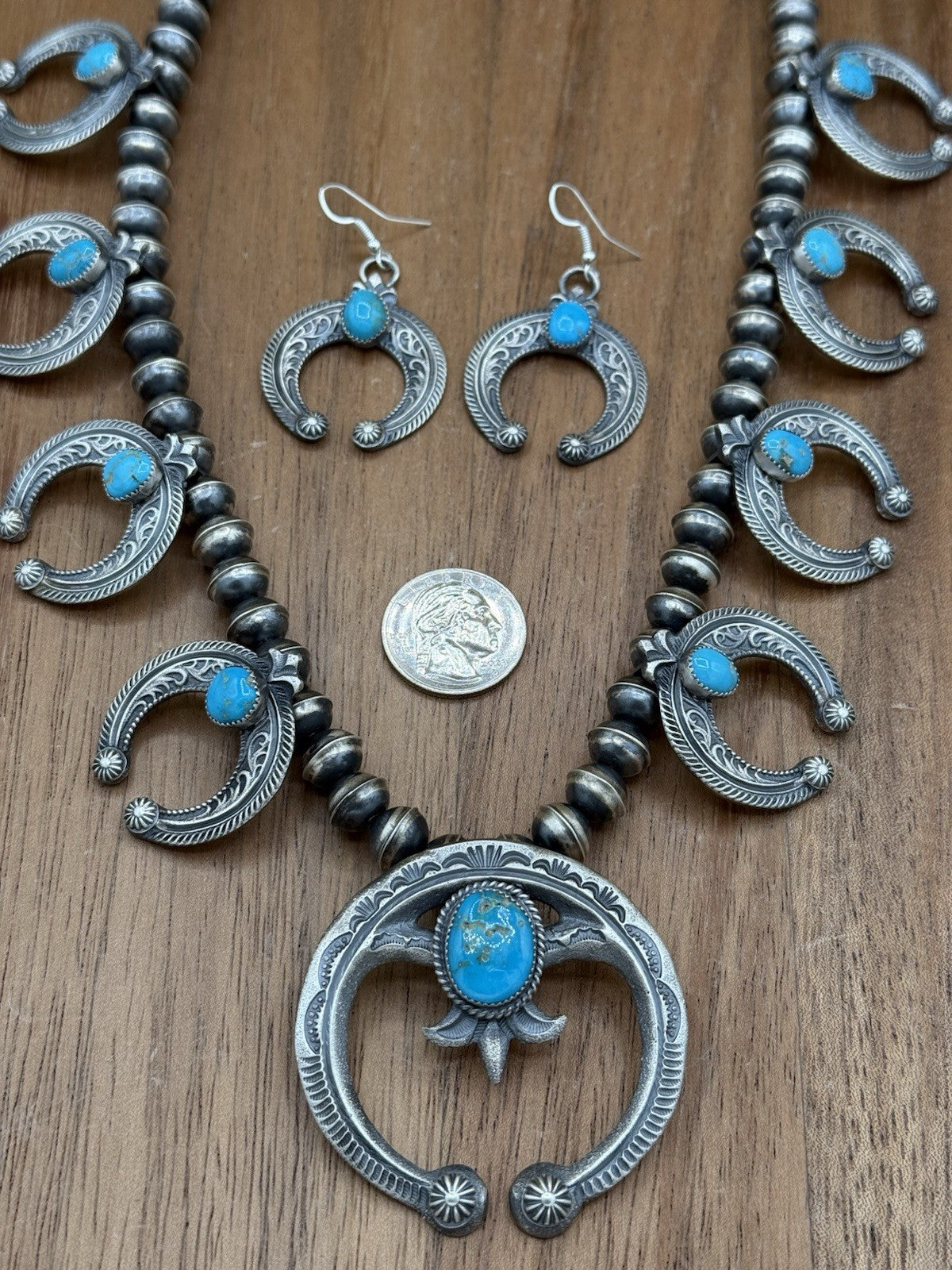 Navajo Handmade Sterling Silver Kingman Turquoise Squash Blossom Set By Kevin B.