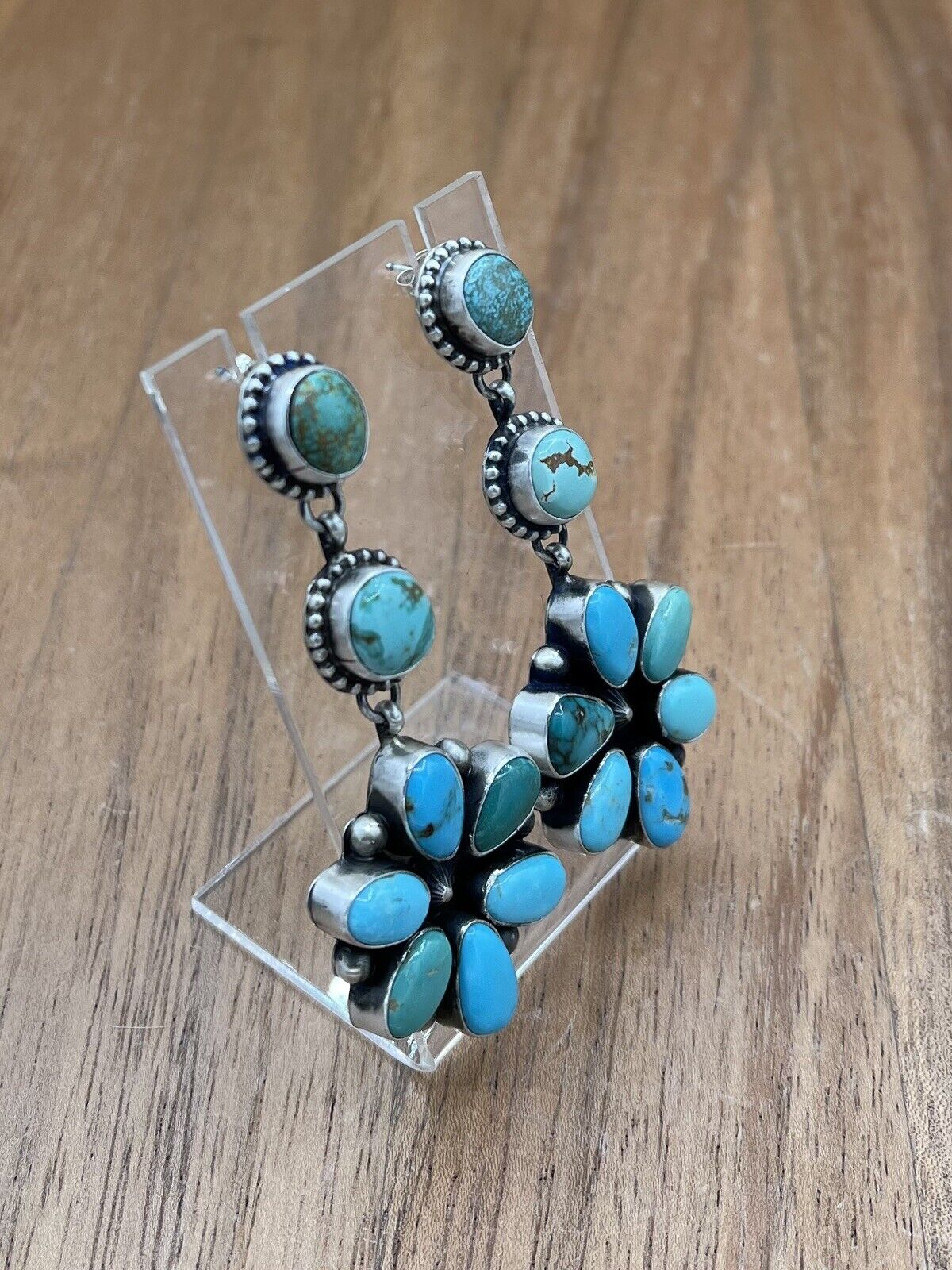 Native American Navajo Handmade Silver Kingman Turquoise Dangle Cluster Earrings