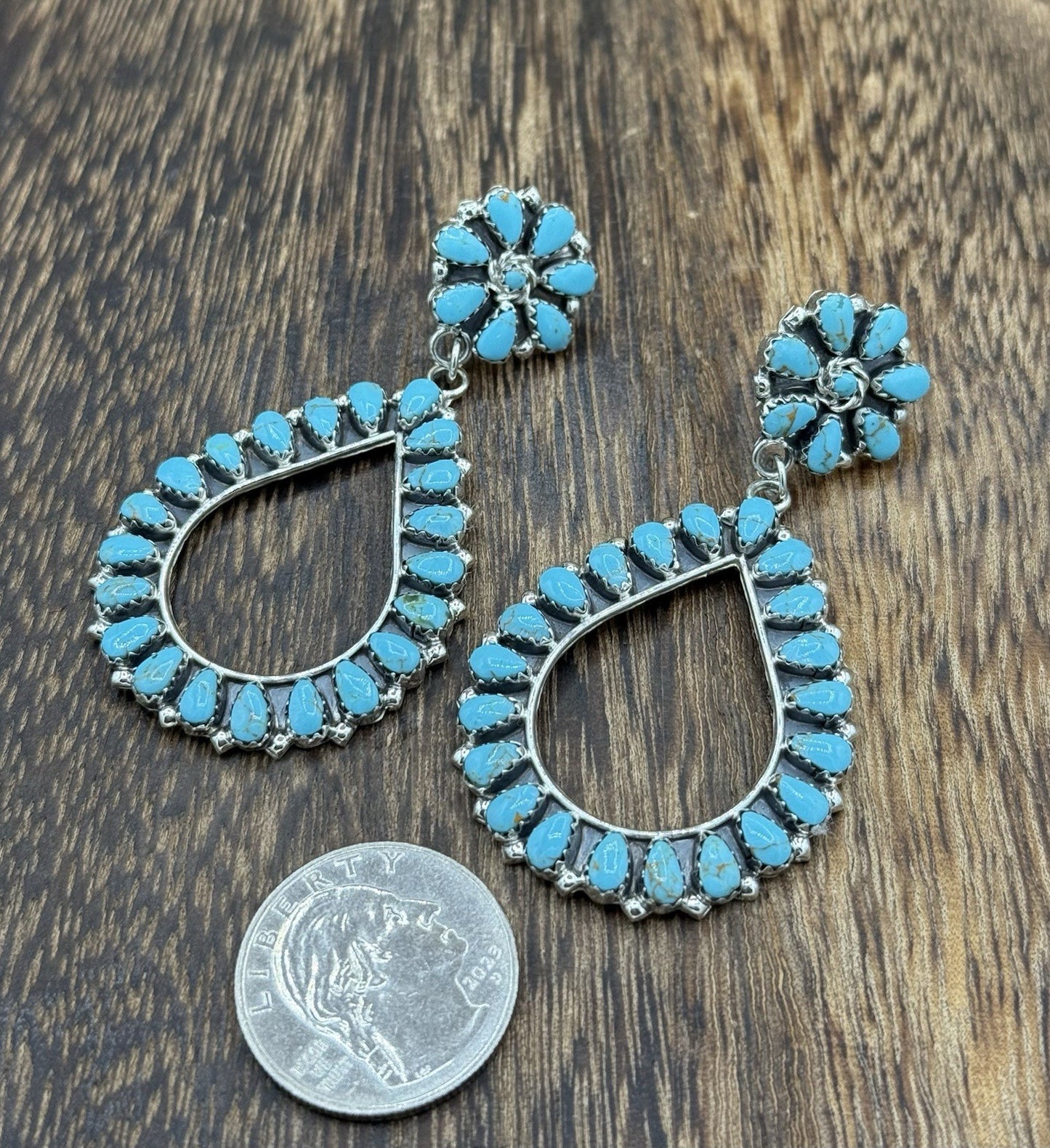 Navajo Handmade Sterling Silver Turquoise Cluster Post Drop earrings Large