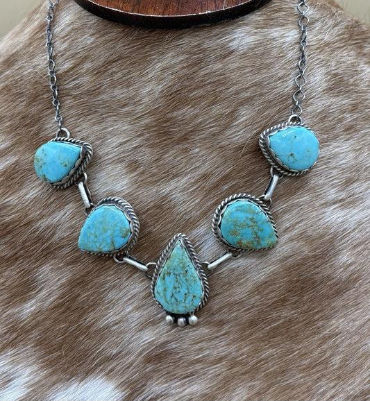 Native Navajo Handmade Sterling Silver Kingman Turquoise Choker Necklace 15”