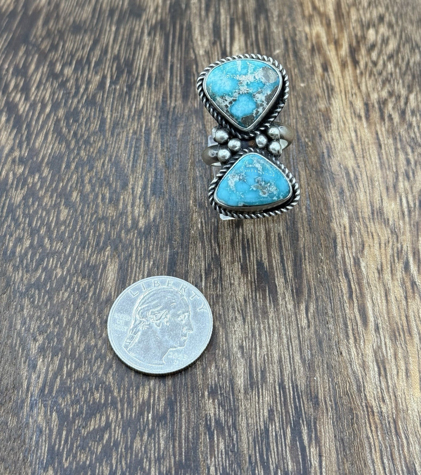 Navajo Handmade Sterling Silver White Water Turquoise Adjustable Ring Size 7 - 9
