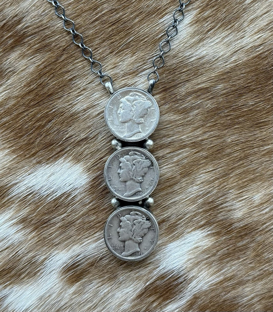 Navajo Handmade Sterling Silver Liberty Dime Cluster Bar Lariat Necklace 18”