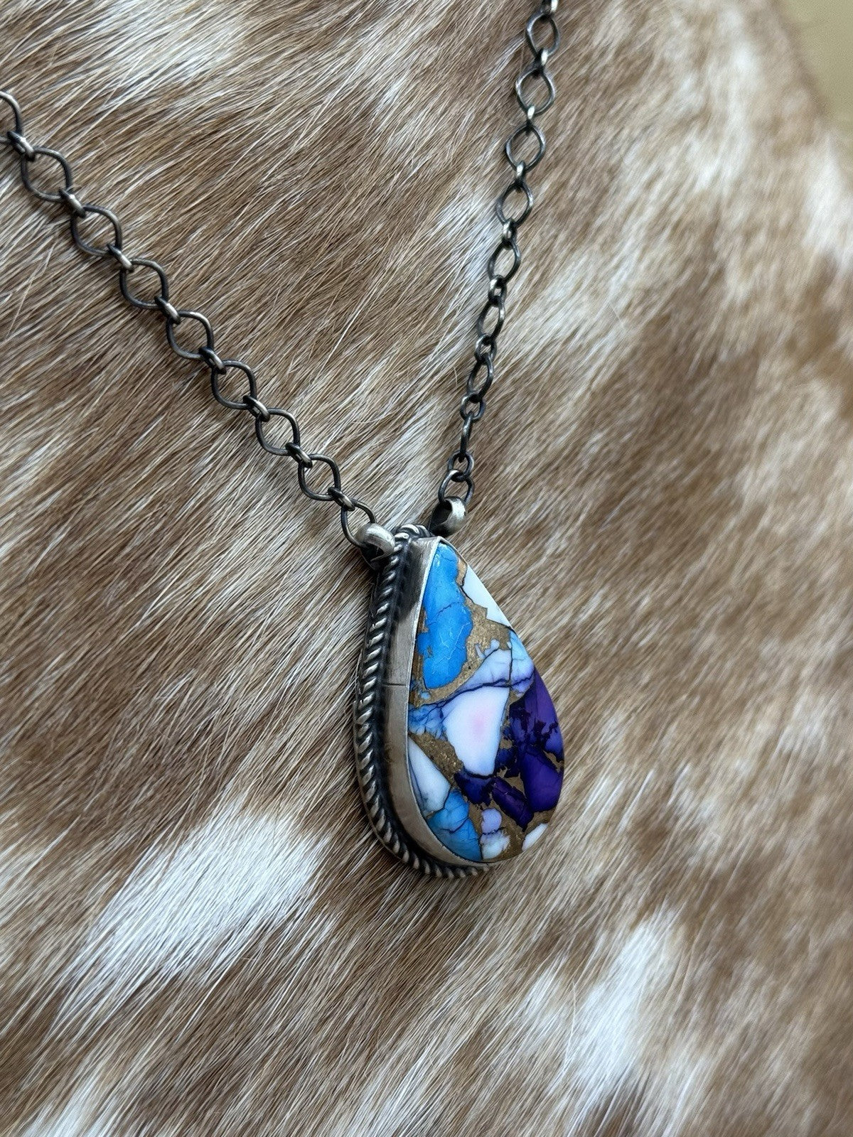 Navajo Handmade Sterling Silver Violet Rose & Blue Dahlia Bar Necklace 18”