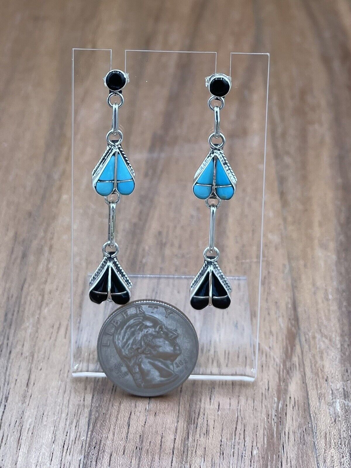 Native American Zuni Handmade Silver Inlay Turquoise Post Dangle Drop Earrings