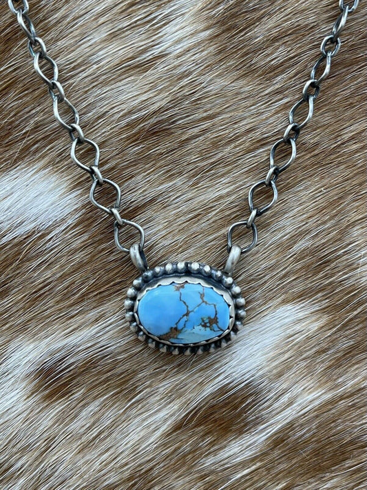 Native American Navajo Handmade Sterling Silver Turquoise Bar Necklace 18”