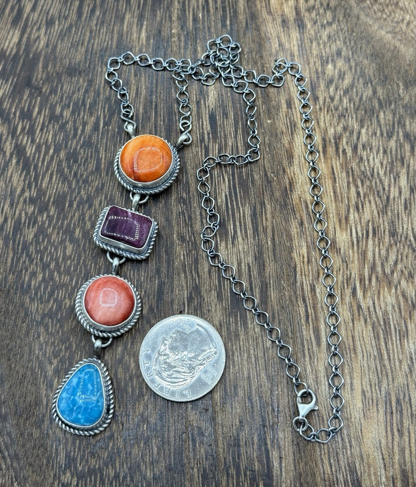 Navajo Handmade Sterling Silver Multi Color Mixed Stone Lariat Necklace 18”