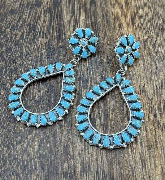 Navajo Handmade Sterling Silver Turquoise Cluster Post Drop earrings Large