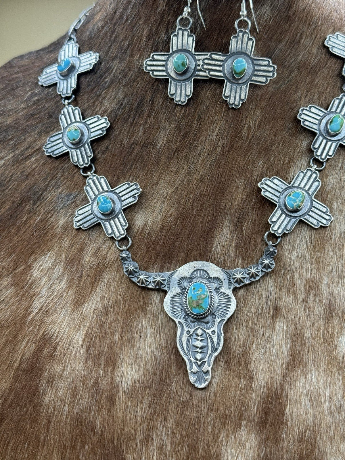 Navajo Handmade Sterling Silver Sonoran Gold Turquoise Longhorn Zia Necklace Set