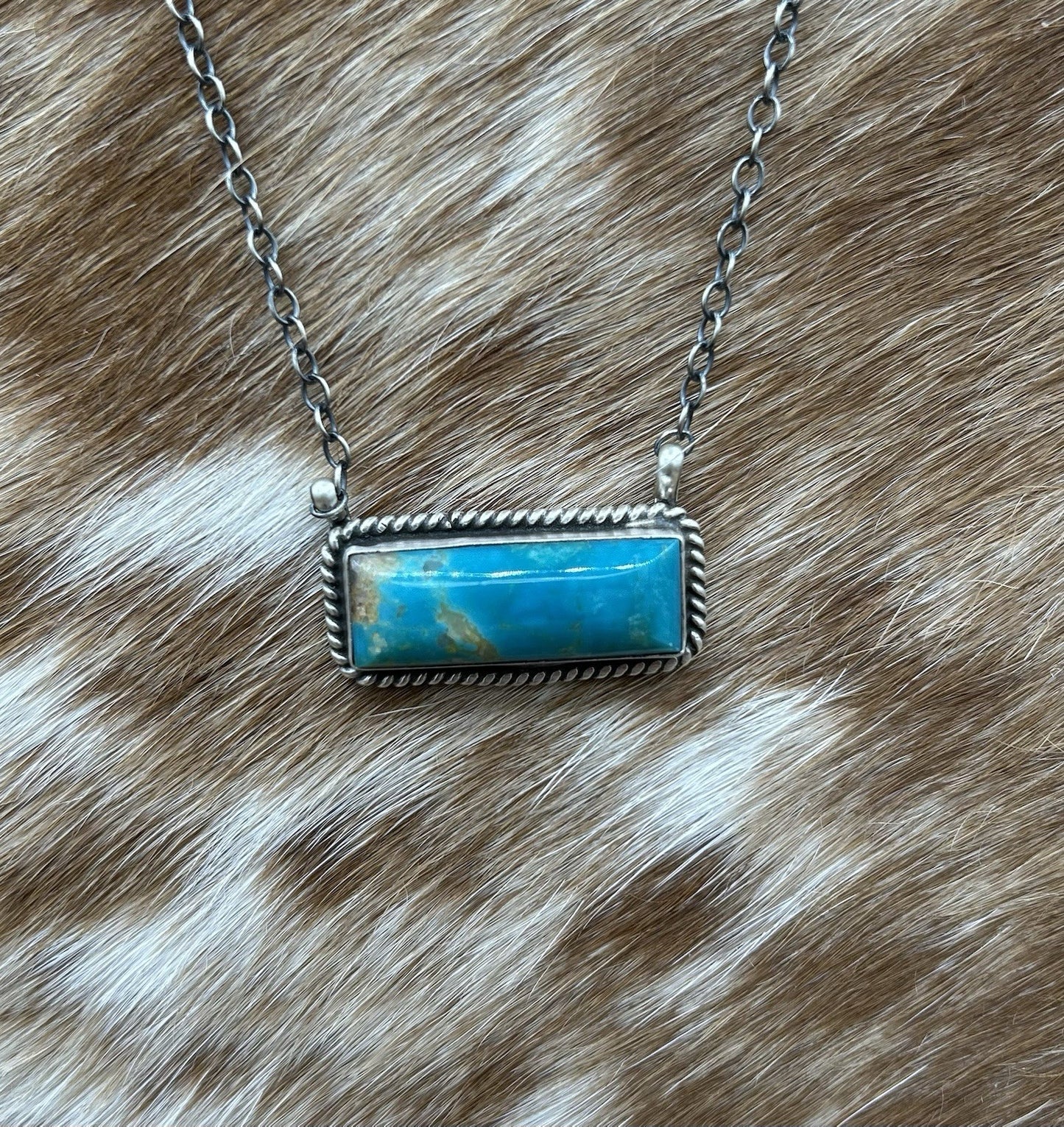 Navajo Handmade Sterling Silver Kingman Turquoise Bar Necklace 16”