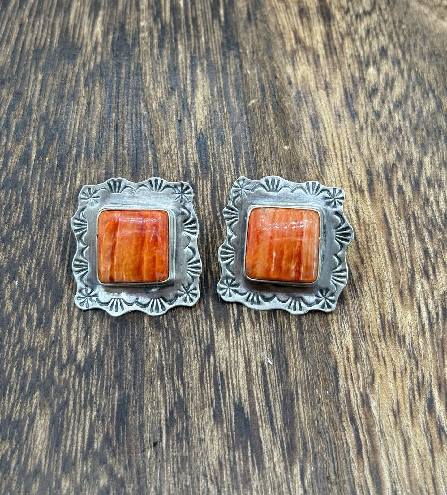 Navajo Handmade Sterling Silver Orange Spiny Oyster Shell Stamped Post Earrings