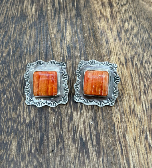 Navajo Handmade Sterling Silver Orange Spiny Oyster Shell Stamped Post Earrings