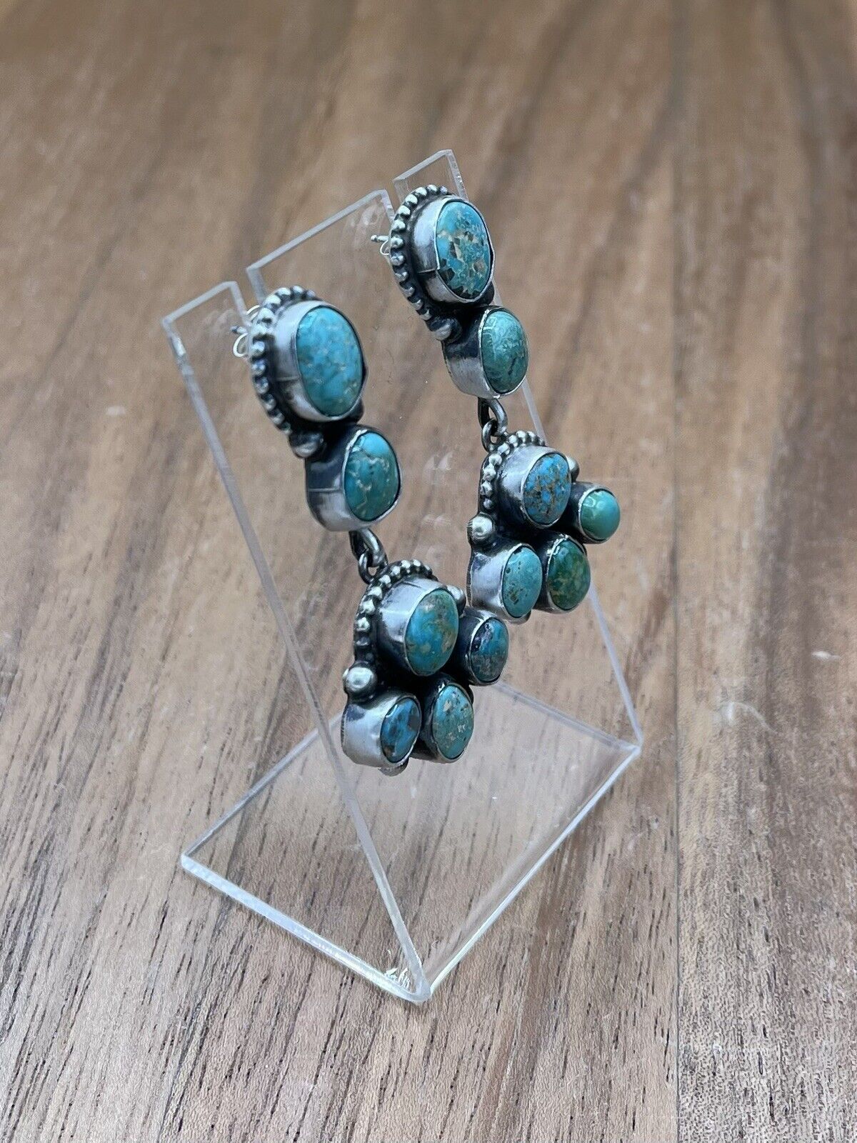 Native American Navajo Handmade Silver Kingman Turquoise Dangle Cluster Earrings