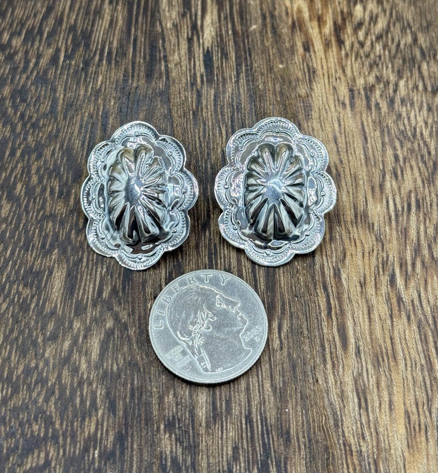 Navajo Handmade Sterling Silver Shiny Stamped Concho Design Post Earrings