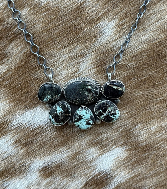 Navajo Handmade Sterling Silver Black Jack Turquoise Cluster Bar Necklace 18”