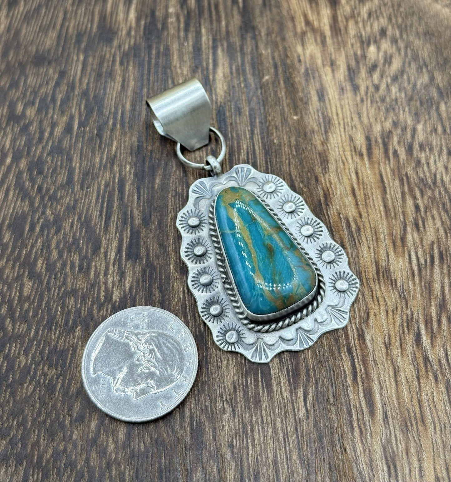 Navajo Handmade Sterling Silver Royston Turquoise Stamped Design Drop Pendant