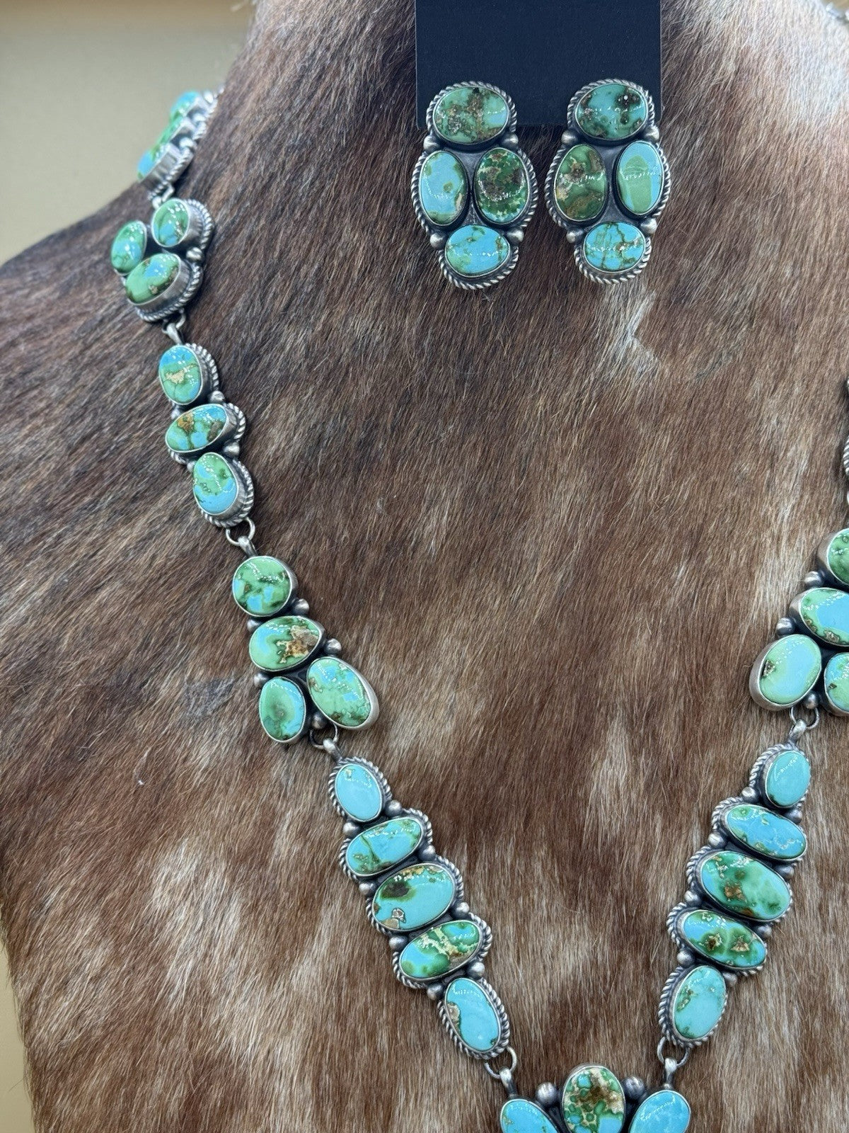 Navajo Handmade Sterling Silver Sonoran Gold Turquoise Cluster Lariat Necklace