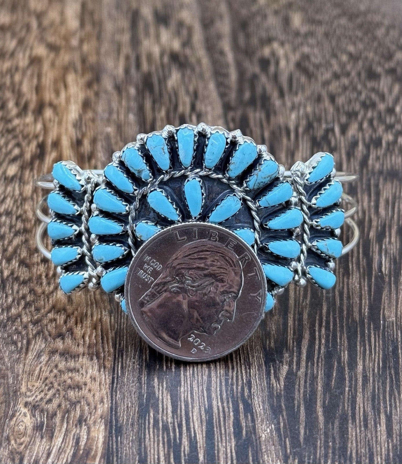 Native American Navajo Handmade Sterling Silver Turquoise Cluster Cuff Bracelet