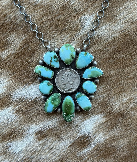 Navajo Handmade Silver Sonoran Gold Turquoise Liberty Coin Cluster Necklace 18”