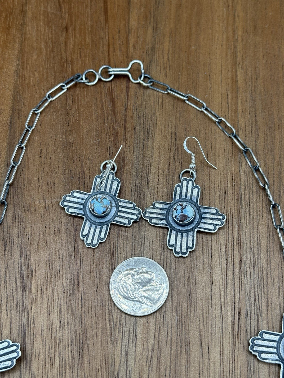 Navajo Handmade Sterling Silver Golden Hills Turquoise Longhorn Zia Necklace Set