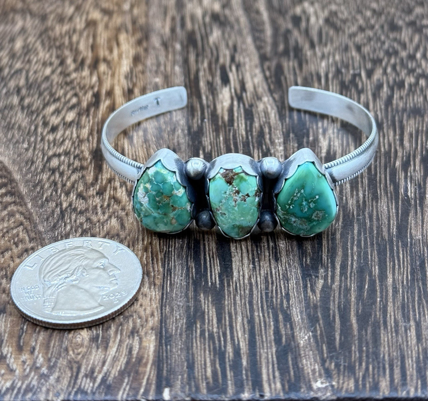 Navajo Handmade Sterling Silver Sonoran Gold Turquoise Stacker Cuff Bracelet