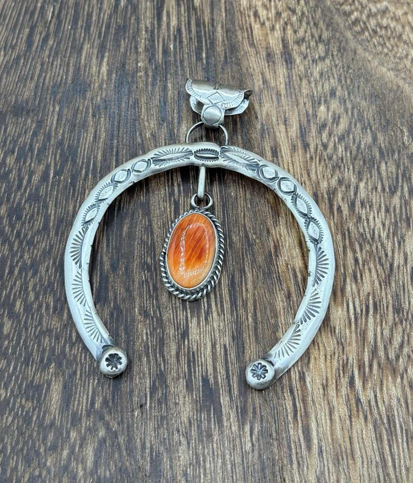 Navajo Handmade Sterling Silver Stamped Red Spiny Oyster Shell Naja Pendant