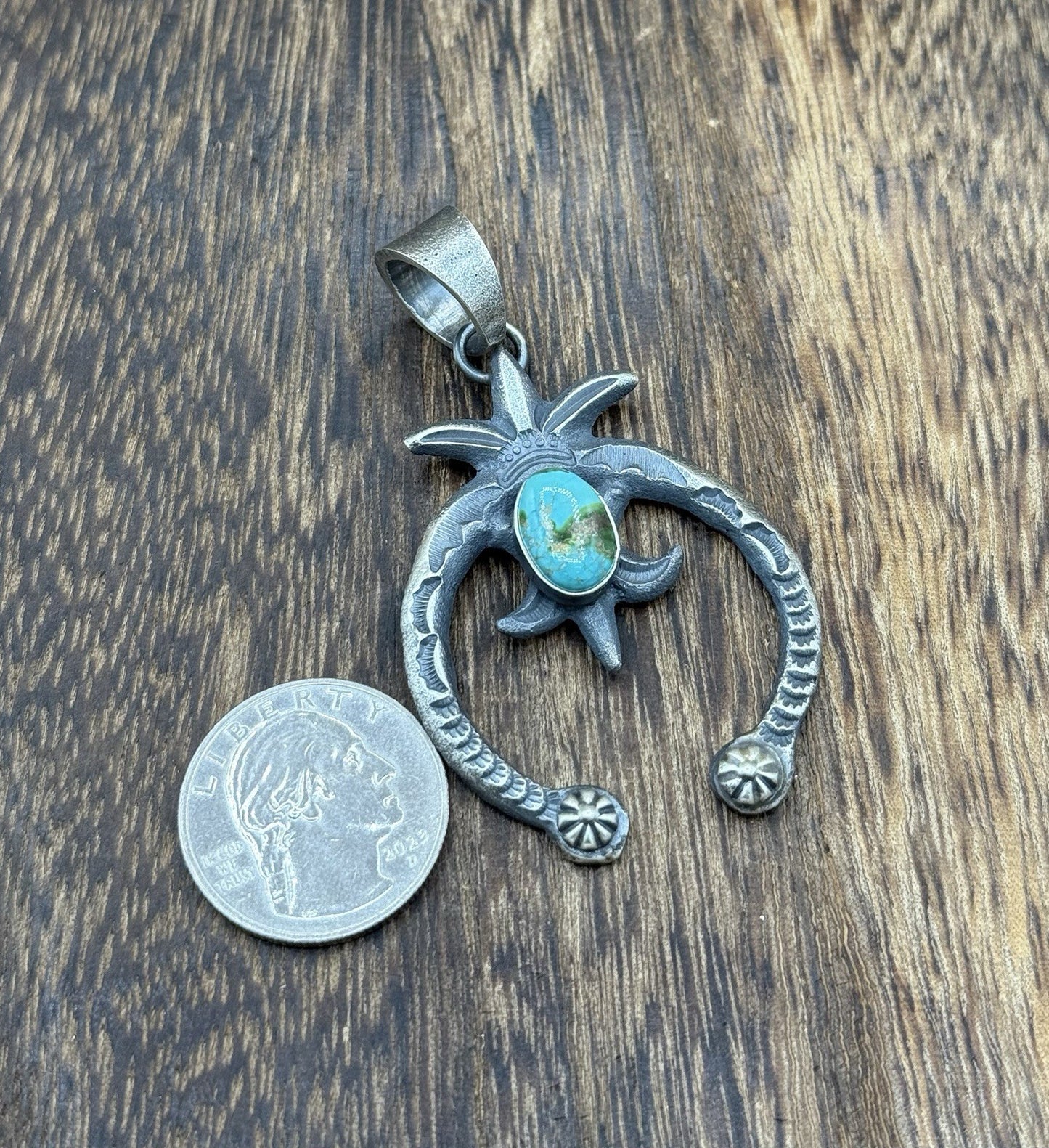 Navajo Handmade Sterling Silver Old Look Sonoran Gold Turquoise Naja Pendant