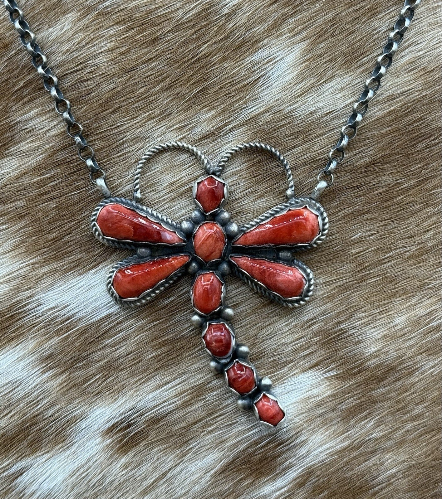 Navajo Handmade Sterling Silver Red Spiny Oyster Dragonfly Bar Necklace 18”