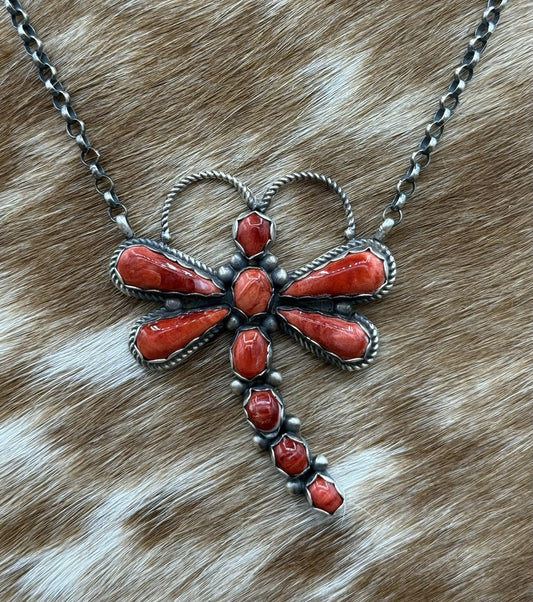 Navajo Handmade Sterling Silver Red Spiny Oyster Dragonfly Bar Necklace 18”