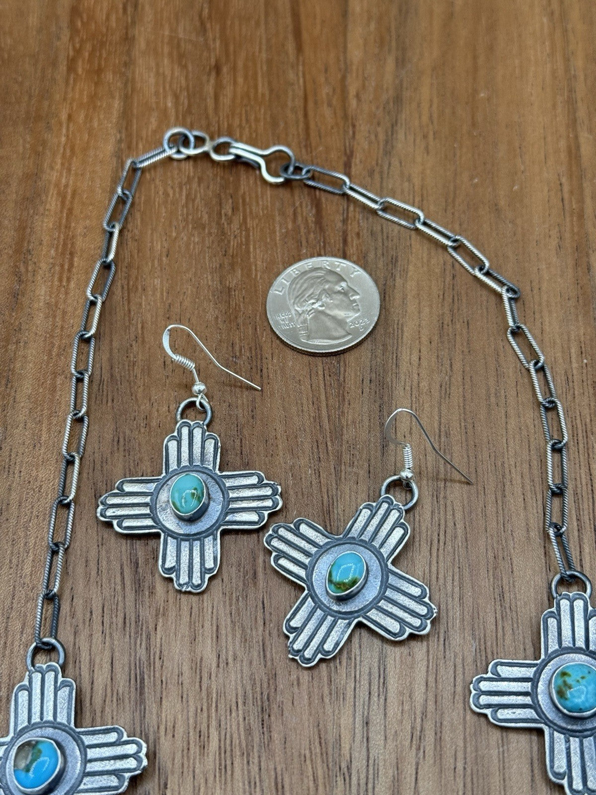 Navajo Handmade Sterling Silver Sonoran Gold Turquoise Longhorn Zia Necklace Set