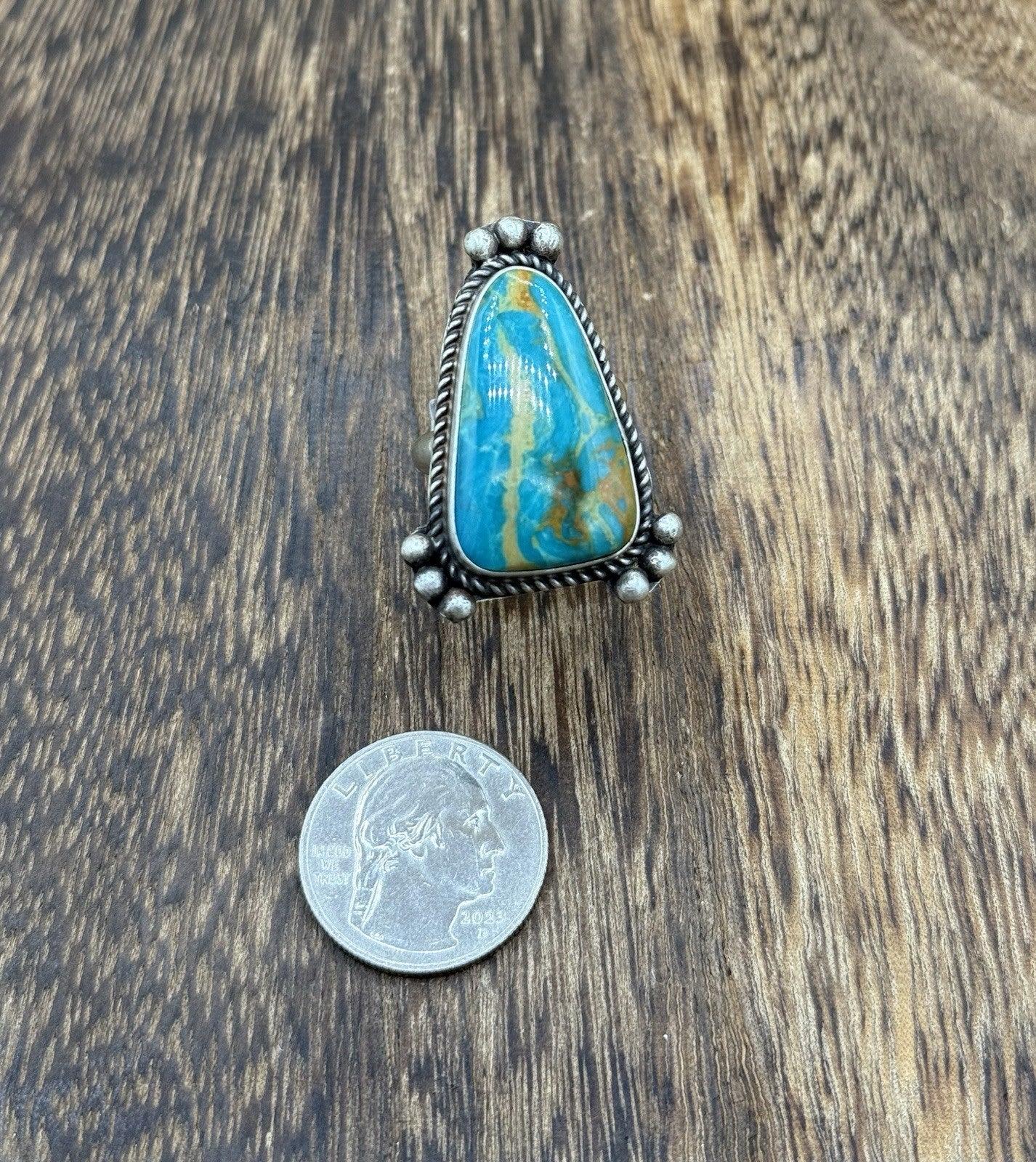 Navajo Handmade Sterling Silver Royston Turquoise Adjustable Ring Size 8 To 10