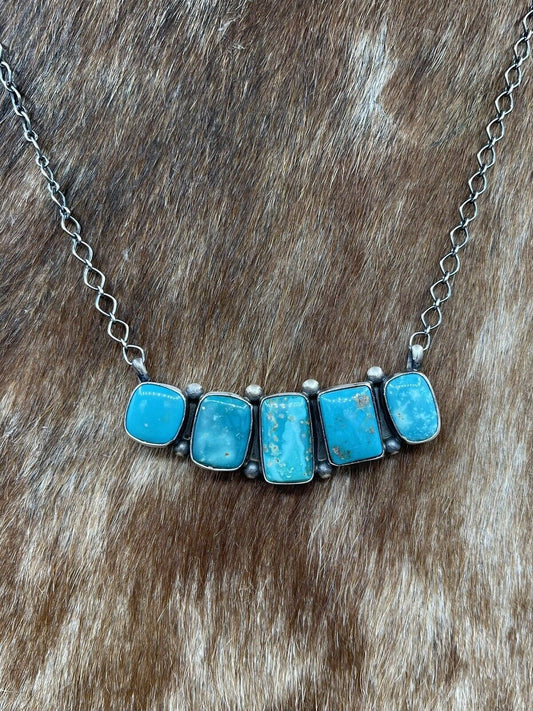 Native American Navajo Handmade Silver Sonoran Bella Turquoise Bar Necklace 18”