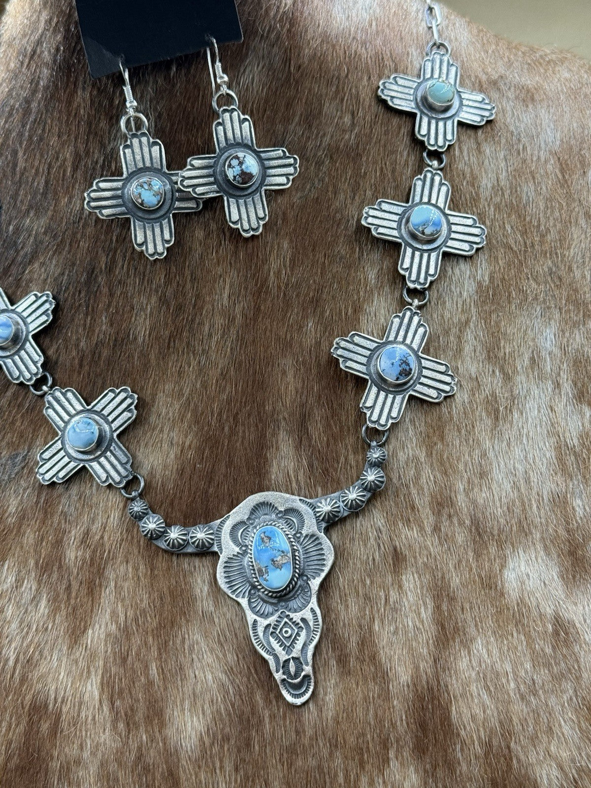 Navajo Handmade Sterling Silver Golden Hills Turquoise Longhorn Zia Necklace Set