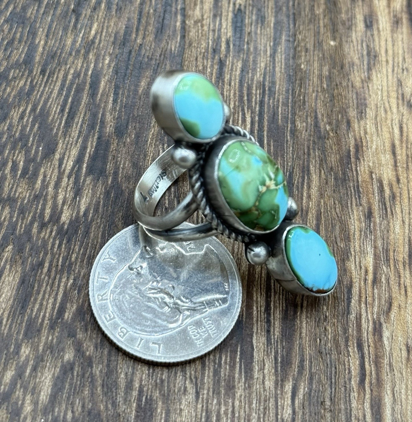 Navajo Handmade Sterling Silver Sonoran Gold Turquoise Cluster Ring Size 9