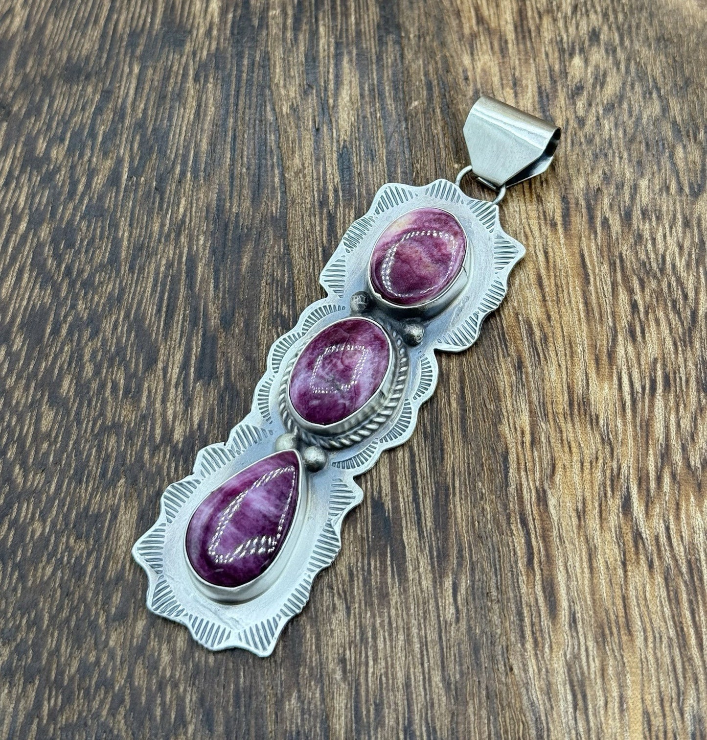 Navajo Handmade Sterling Silver Spiny Oyster Shell Stamped Drop Pendant