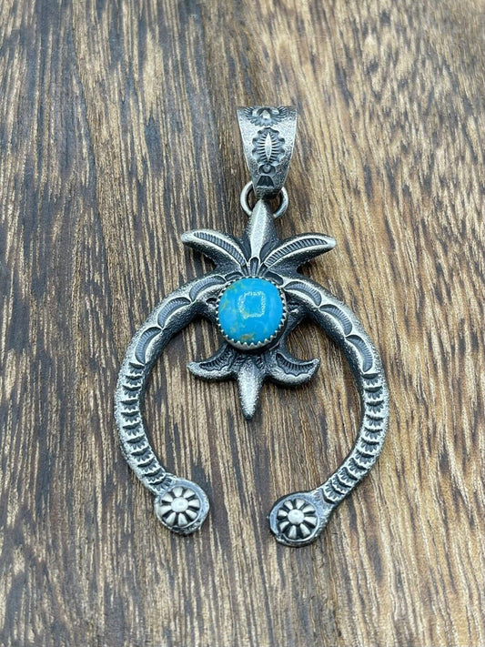 Native American Indian Navajo Handmade Silver Old Look Turquoise Naja Pendant