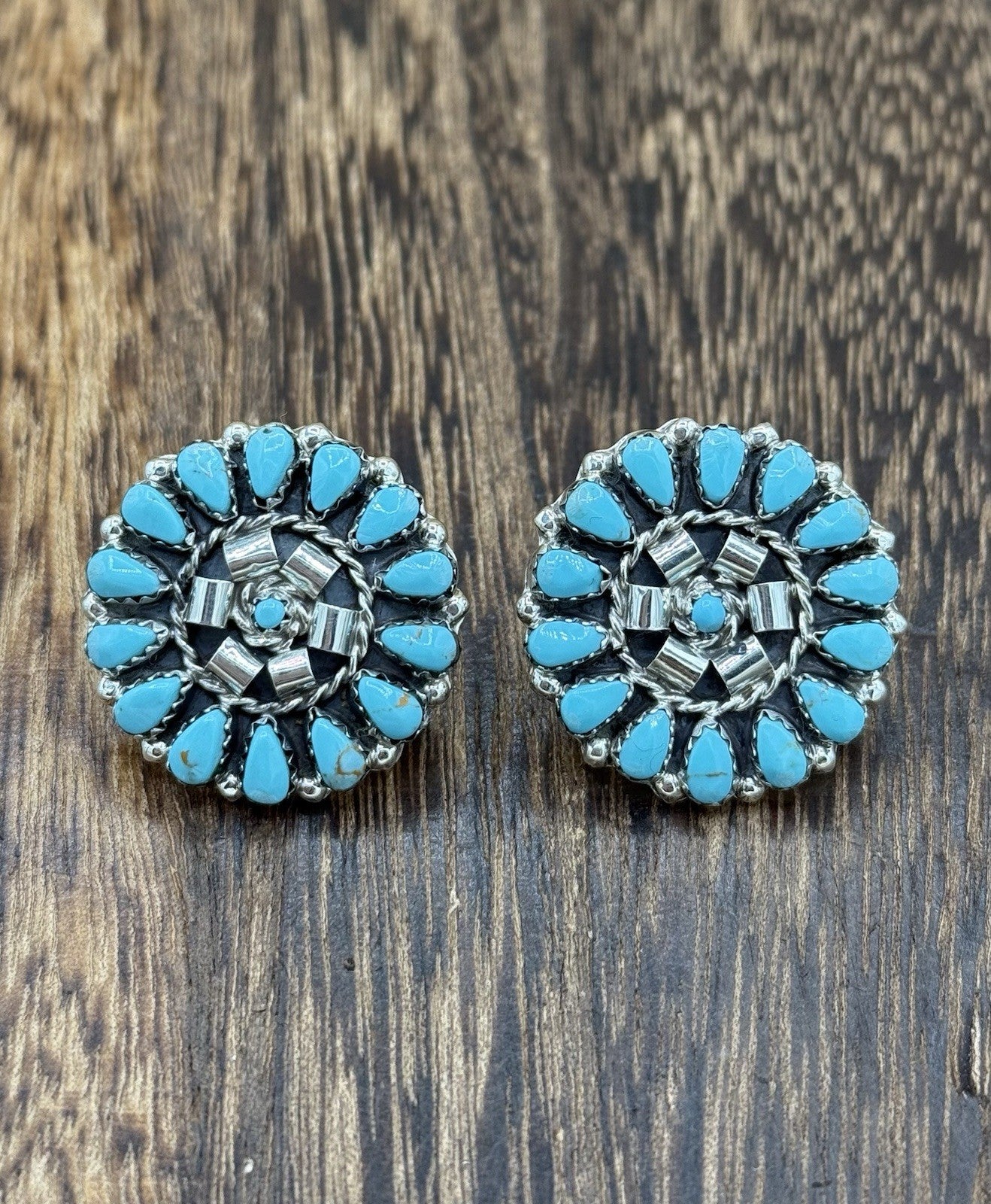 Native American Navajo Handmade Sterling Silver Turquoise Cluster Post earrings