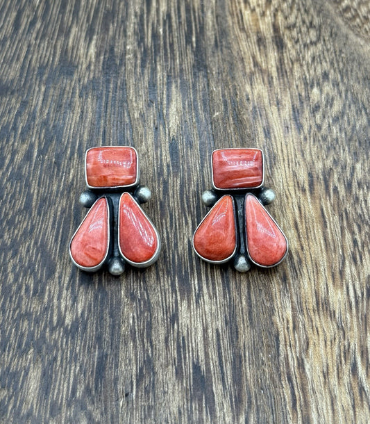 Navajo Handmade Sterling Silver Red Spiny Oyster Shell Post Cluster Earrings