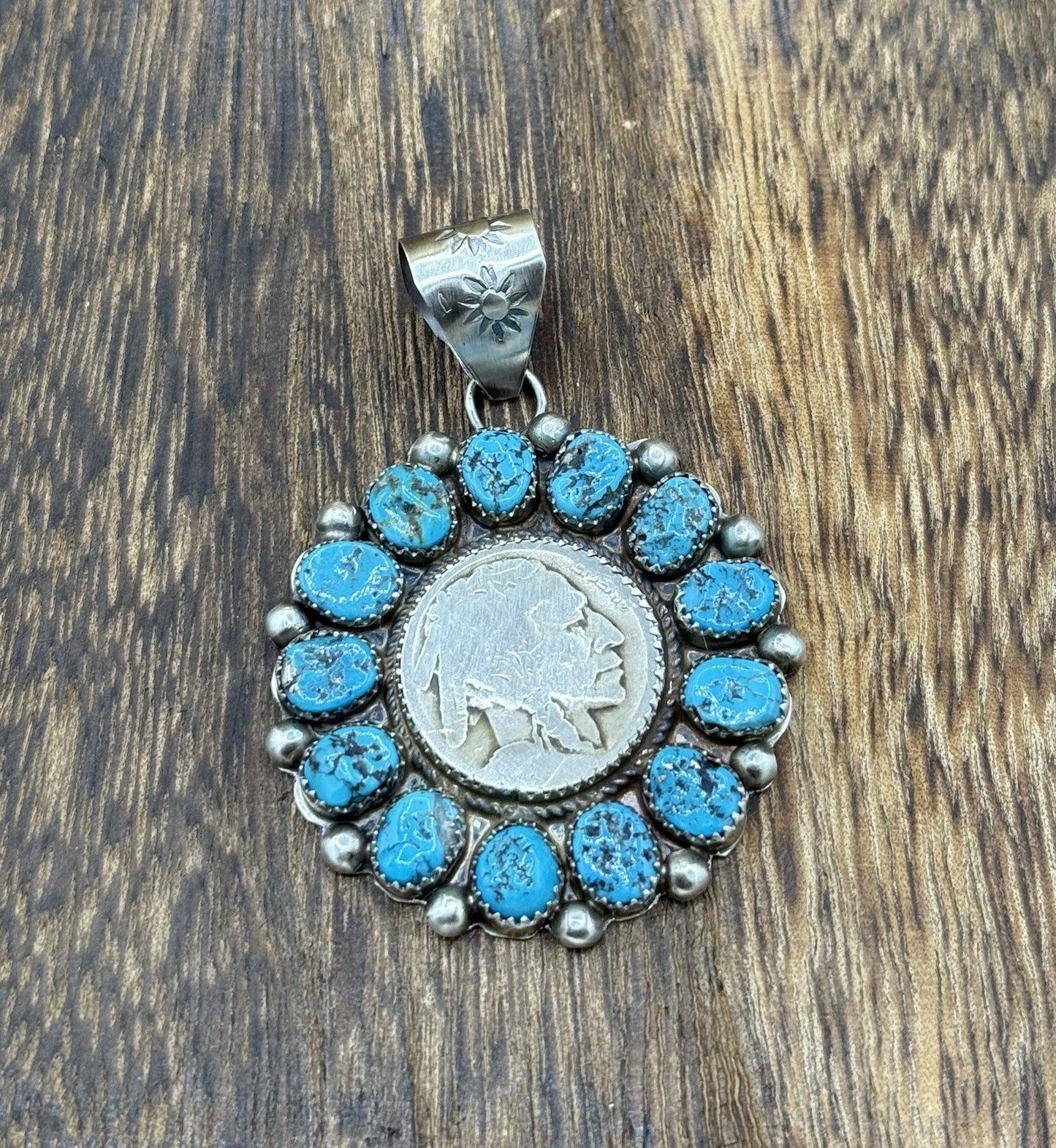 Navajo Handmade Sterling Silver Kingman Turquoise Cluster Buffalo Coin Pendant