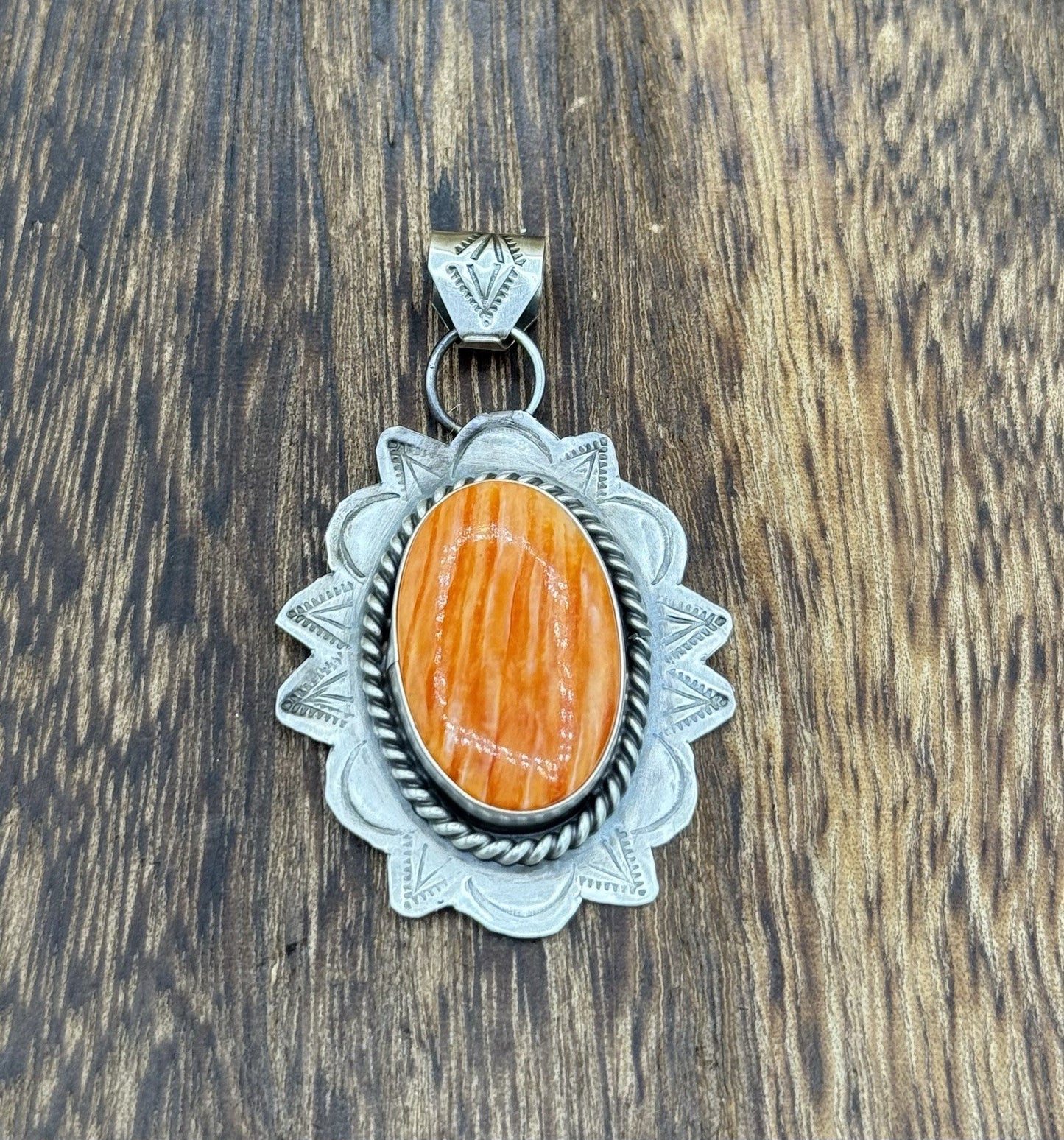 Navajo Handmade Sterling Silver Orange Spiny Oyster Shell Stamped Drop Pendant