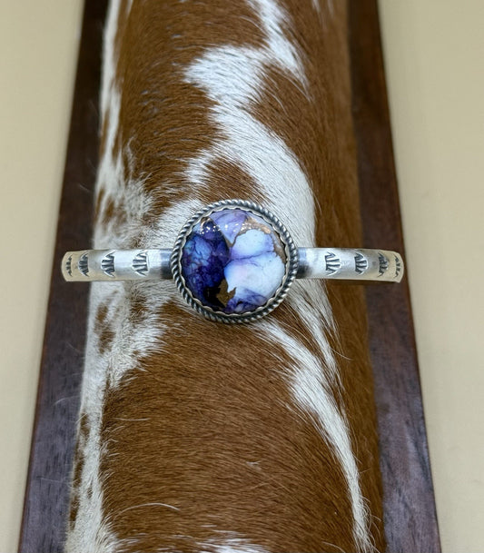 Navajo Handmade Sterling Silver Violet Rose Dahlia Stamped Stacker Cuff Bracelet