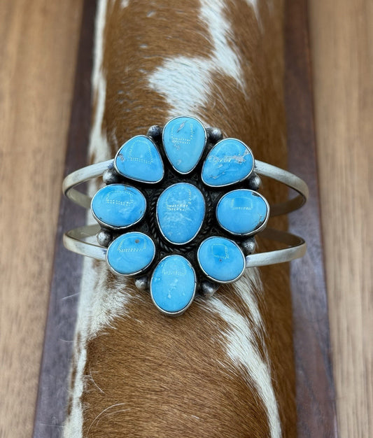 Navajo Handmade Sterling Silver Blue Ridge Turquoise Cluster Cuff Bracelet