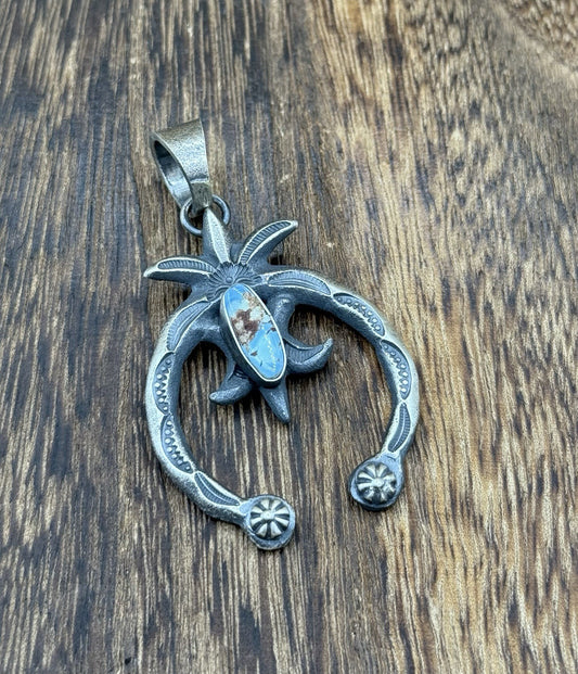 Navajo Handmade Sterling Silver Old Look Golden Hills Turquoise Naja Pendant